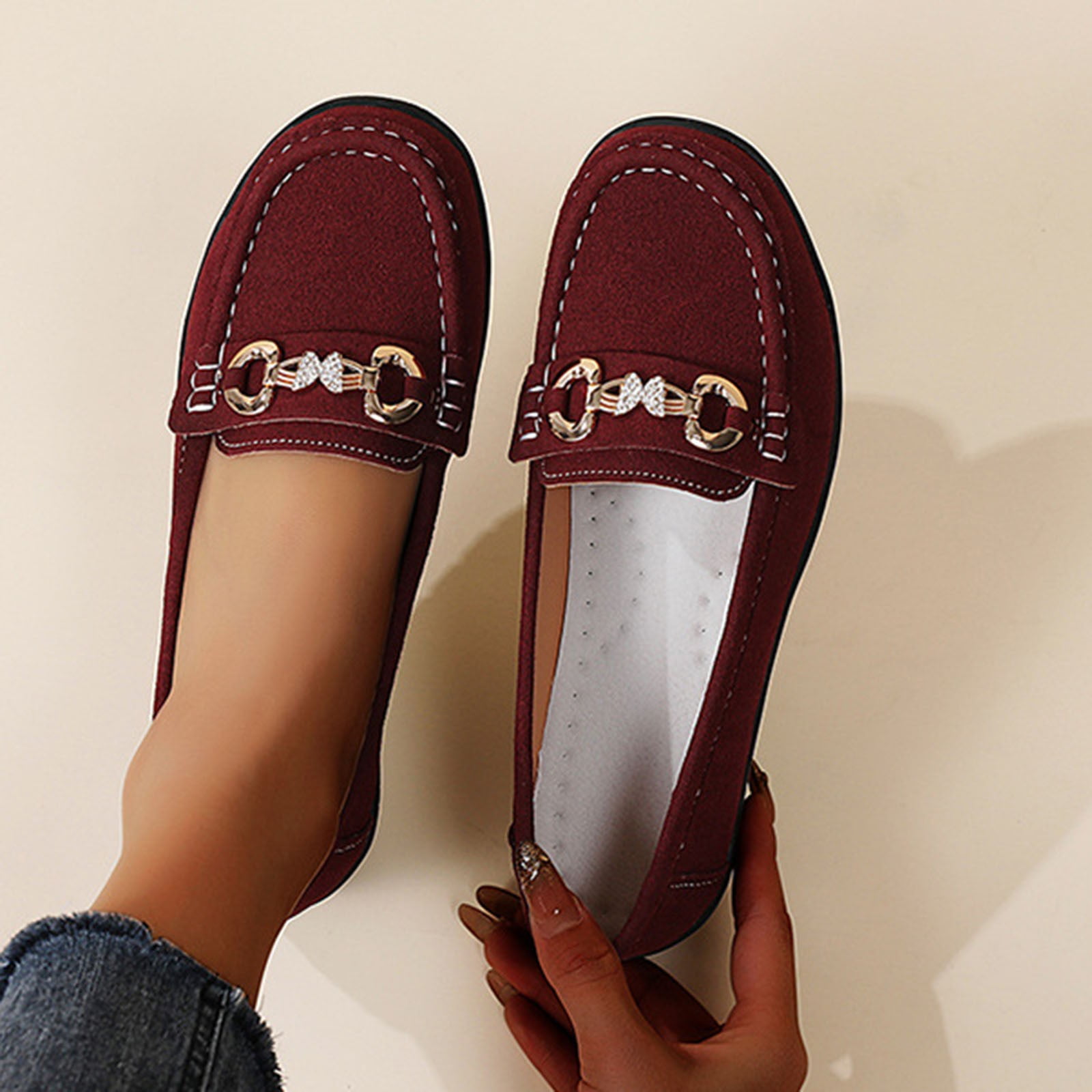 Wine Flocked Slip On Loafers For Women With Non Slip Bottom Lightweight And Comfortable Ideal For Daily Use And Light Activities