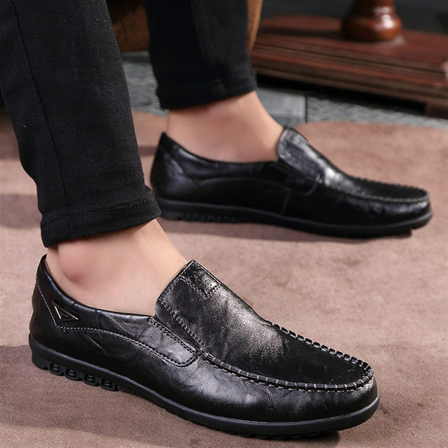 Mens Dress Shoes Leather Men Casual Shoes Brand Mens Loafers Slip on Driving Shoes(Red-Brown,10.5)