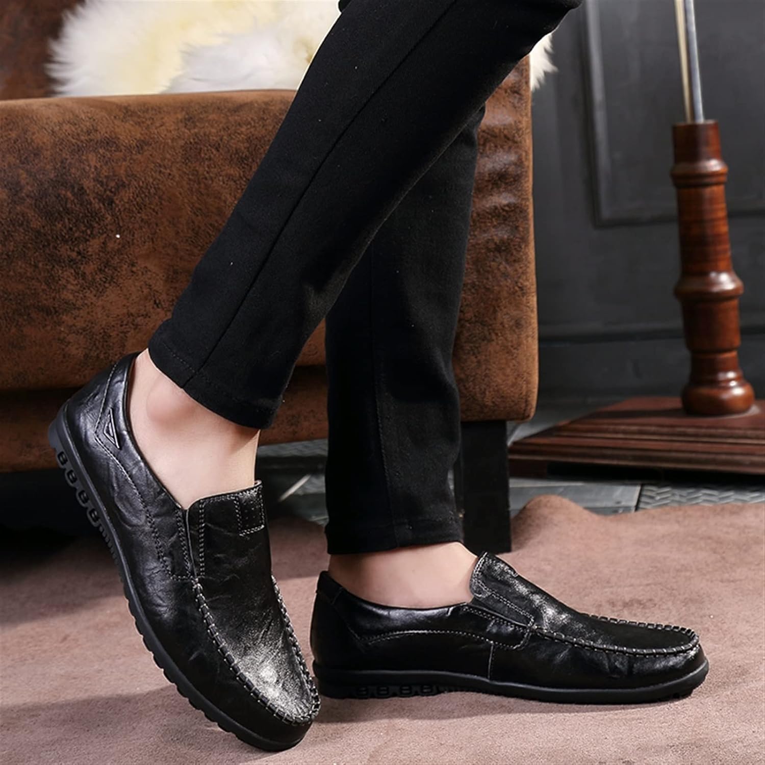 Mens Dress Shoes Leather Men Casual Shoes Brand Mens Loafers Slip on Driving Shoes(Red-Brown,10.5)
