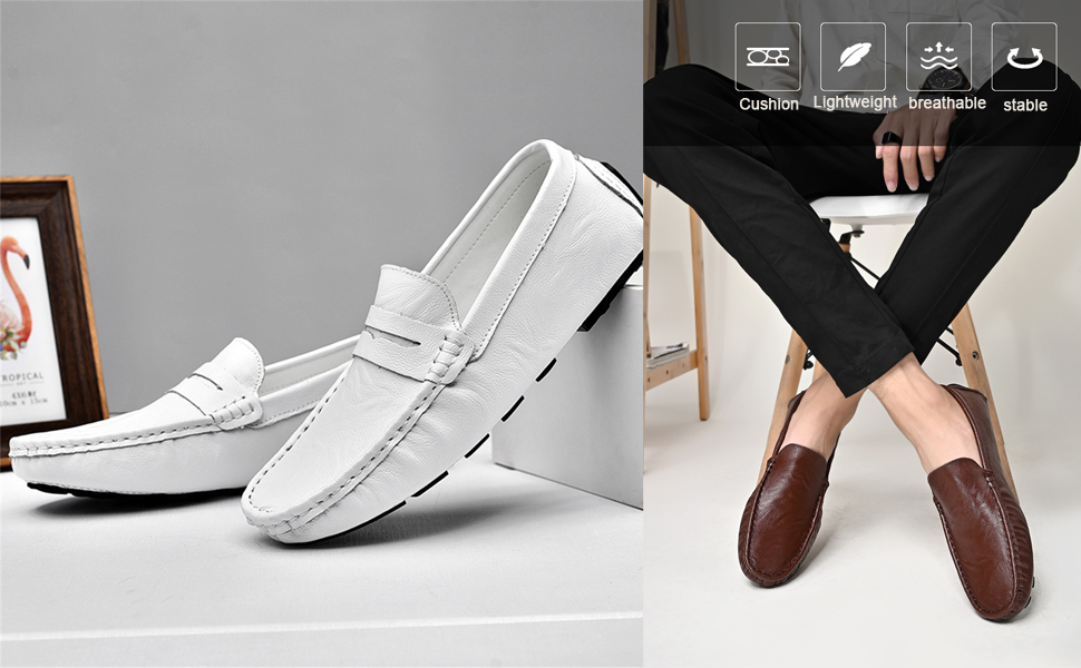 LEADER SHOW Men&amp;#39;s Penny Loafers Moccasin Slip on Flats Boat Casual Dress Driving Shoes