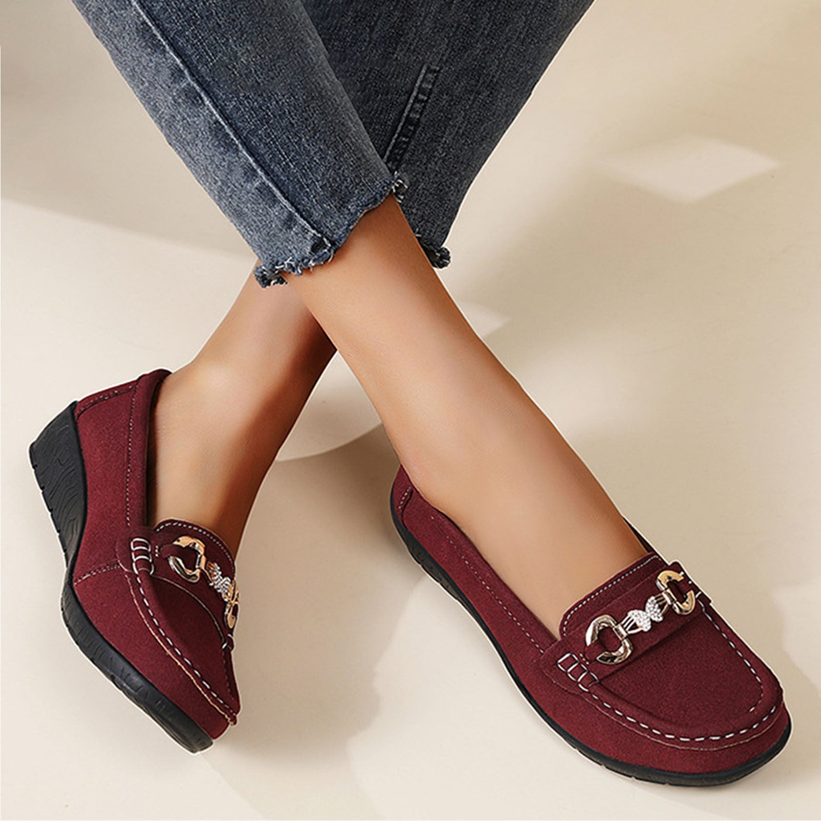 Wine Flocked Slip On Loafers For Women With Non Slip Bottom Lightweight And Comfortable Ideal For Daily Use And Light Activities