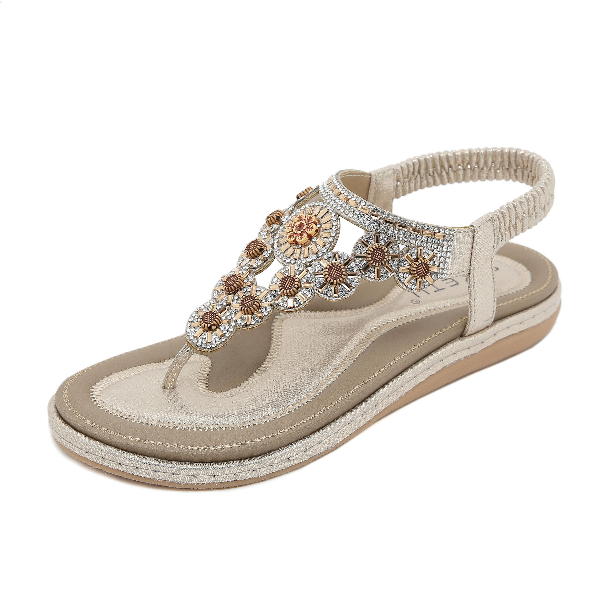 W676-7 New Summer 2025 Cross-Border European And American Flat-Soled Rhinestone Comfortable Seaside Beach Sandals For Women