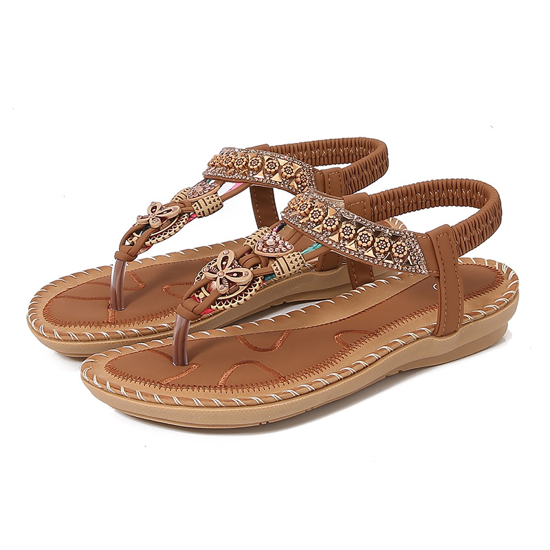 Yasirun New Flat Sandals Bohemian Cross-Border Sandals Women'S Summer Rhinestone Evening Breeze Round Toe Clip-On Open Toe Cool
