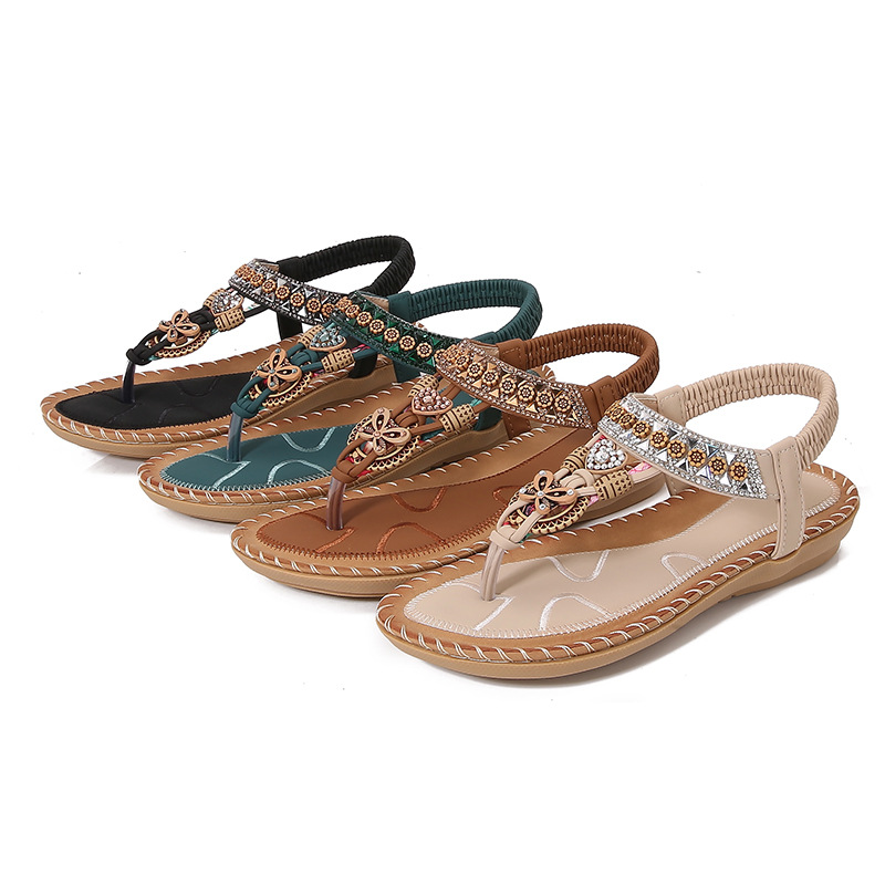 Yasirun New Flat Sandals Bohemian Cross-Border Sandals Women'S Summer Rhinestone Evening Breeze Round Toe Clip-On Open Toe Cool