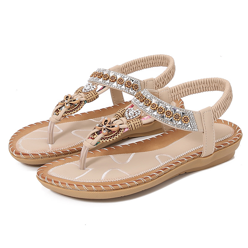 Yasirun New Flat Sandals Bohemian Cross-Border Sandals Women'S Summer Rhinestone Evening Breeze Round Toe Clip-On Open Toe Cool