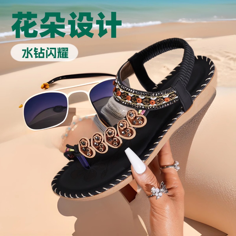 2025 Yasirun New Bohemian Cross-Border Sandals For Women Summer Rhinestone Evening Style Flat Bottom Round Toe Clip-On Open Toe Cool