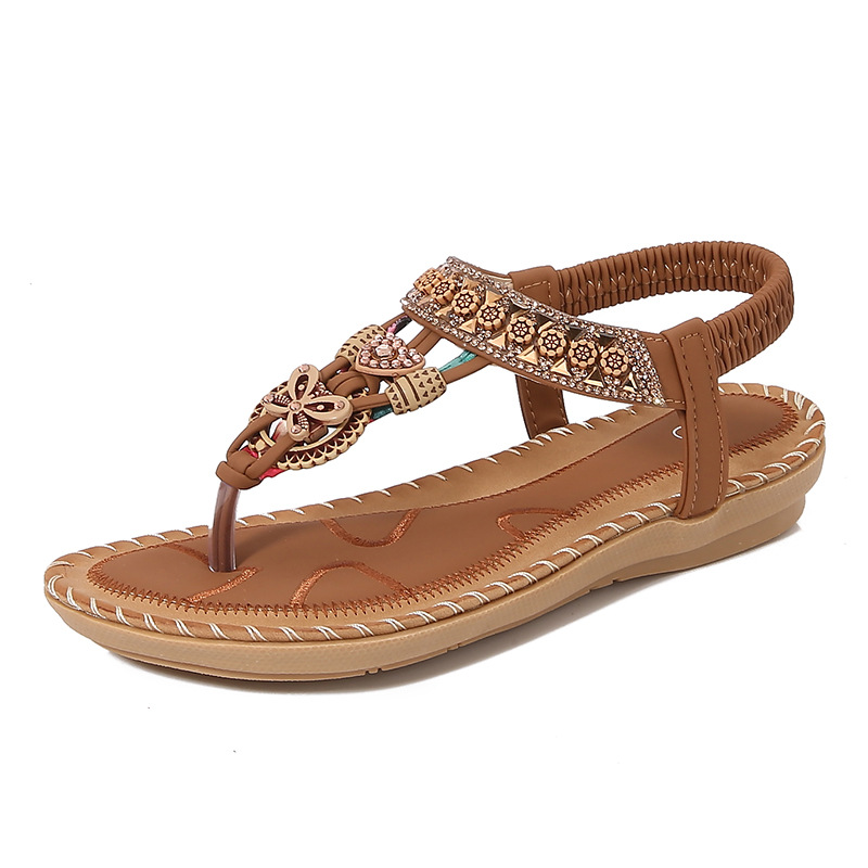 Yasirun New Flat Sandals Bohemian Cross-Border Sandals Women'S Summer Rhinestone Evening Breeze Round Toe Clip-On Open Toe Cool