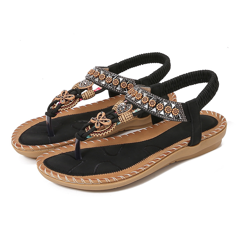 Yasirun New Flat Sandals Bohemian Cross-Border Sandals Women'S Summer Rhinestone Evening Breeze Round Toe Clip-On Open Toe Cool