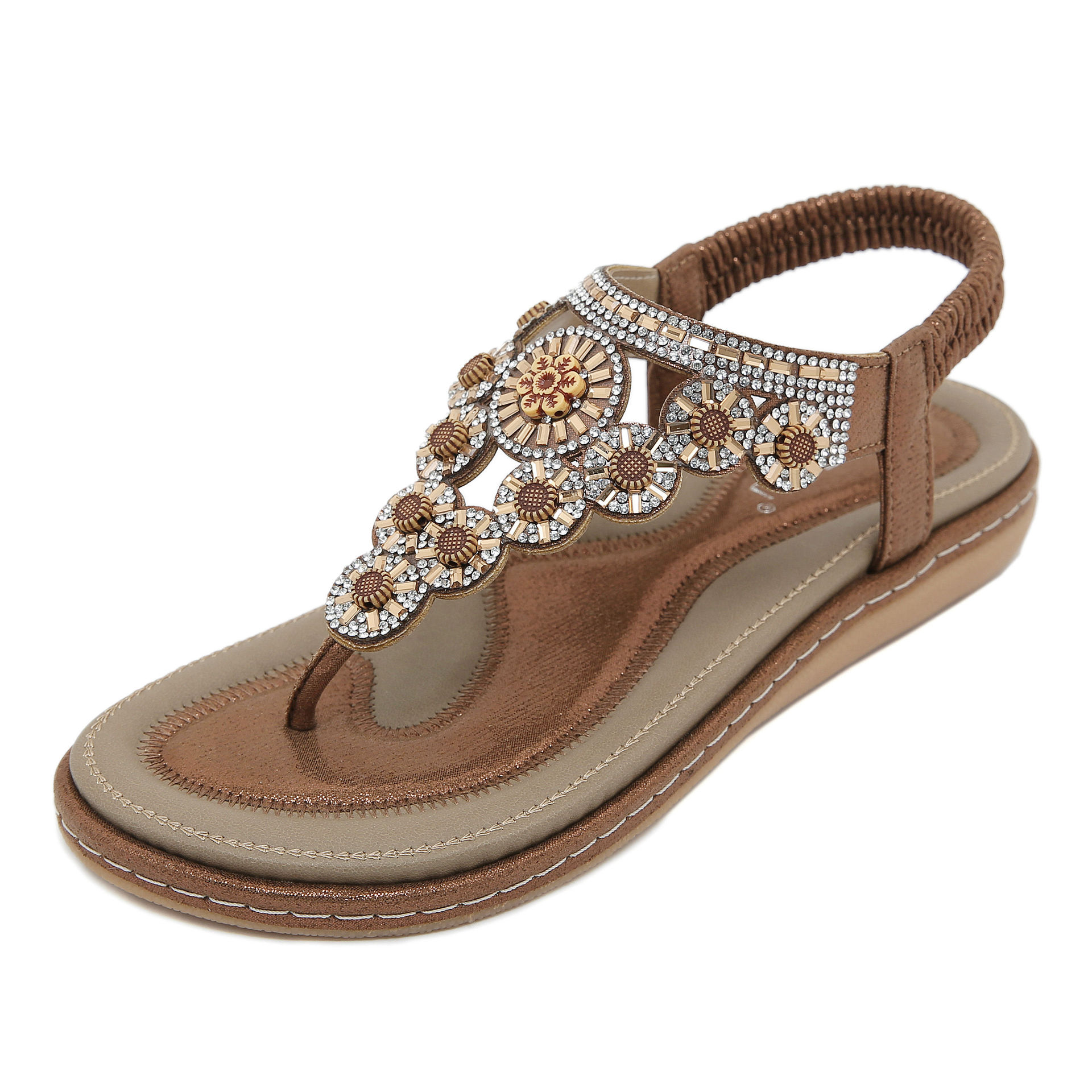 W676-7 New Summer 2025 Cross-Border European And American Flat-Soled Rhinestone Comfortable Seaside Beach Sandals For Women