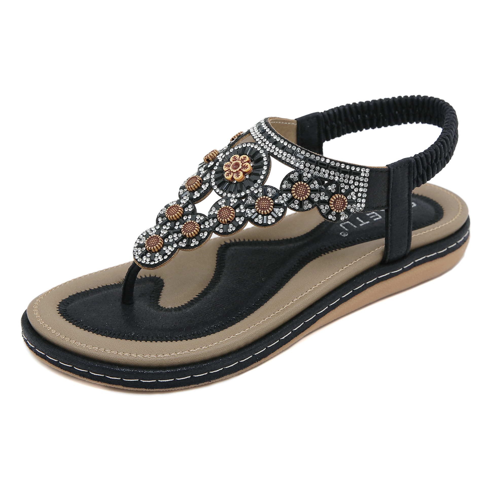 W676-7 New Summer 2025 Cross-Border European And American Flat-Soled Rhinestone Comfortable Seaside Beach Sandals For Women