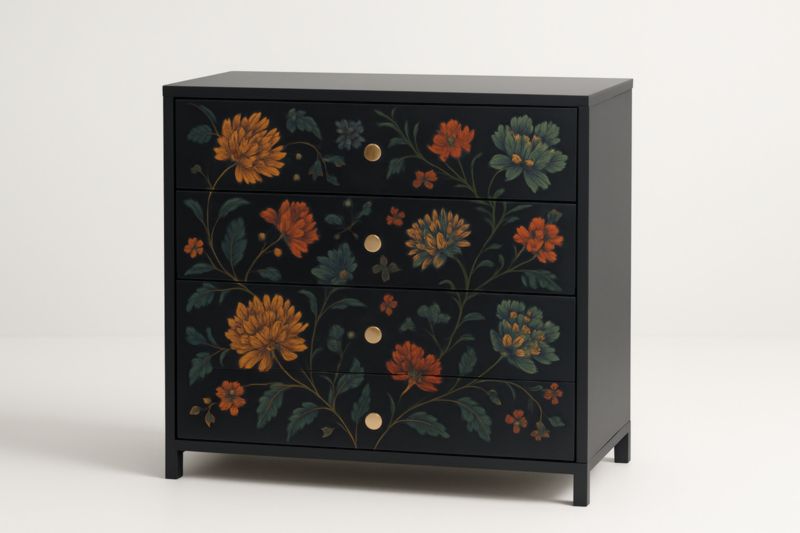 Commode en Bois Massif avec Peinture Florale, Noir