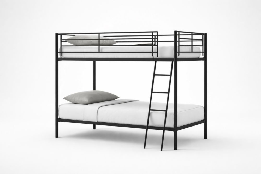 Lit superposé en acier noir avec matelas et oreillers