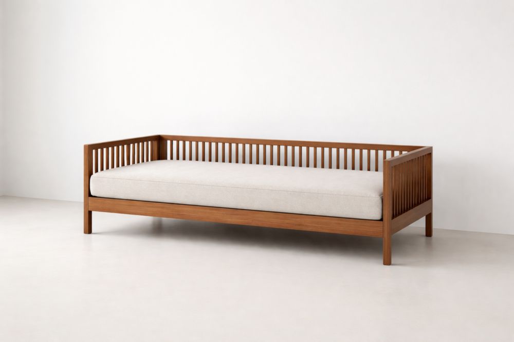 Lit de repos en bois d'acajou avec matelas en mousse polyester