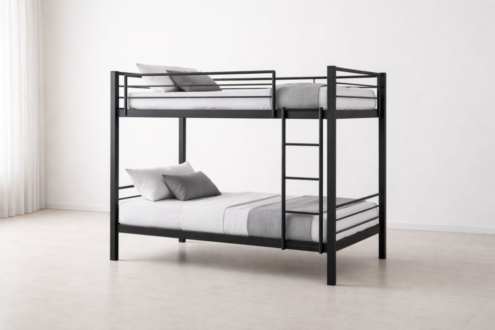 Lit superposé métal noir avec matelas et coussins