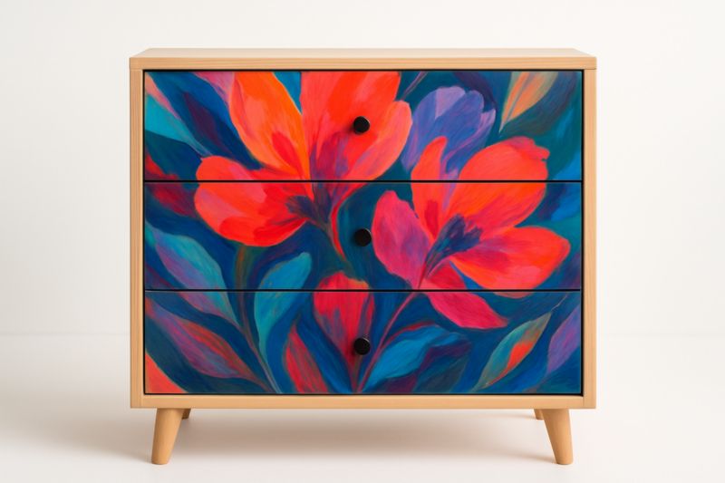 Commode 3 tiroirs en MDF multicolore avec pieds en hêtre – 80×40×78 cm