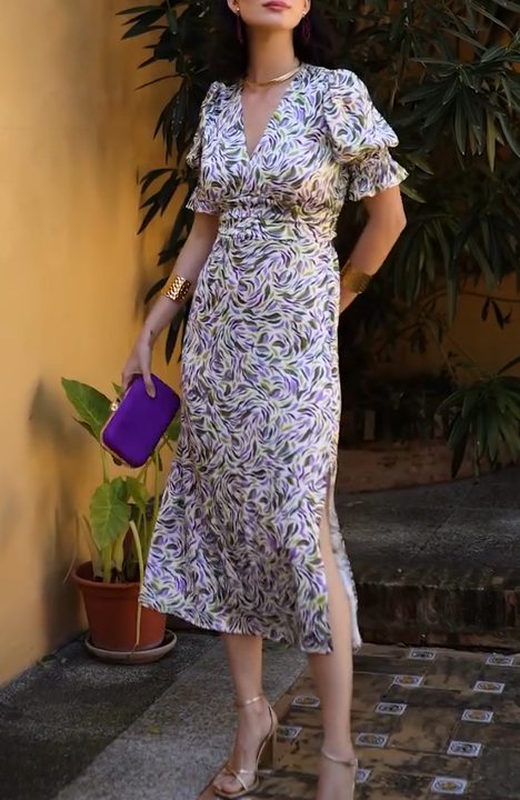 Printed puff sleeve slim dress