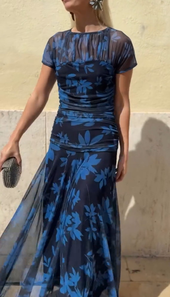 Dark blue floral print chiffon long skirt