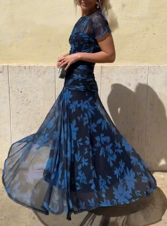 Dark blue floral print chiffon long skirt