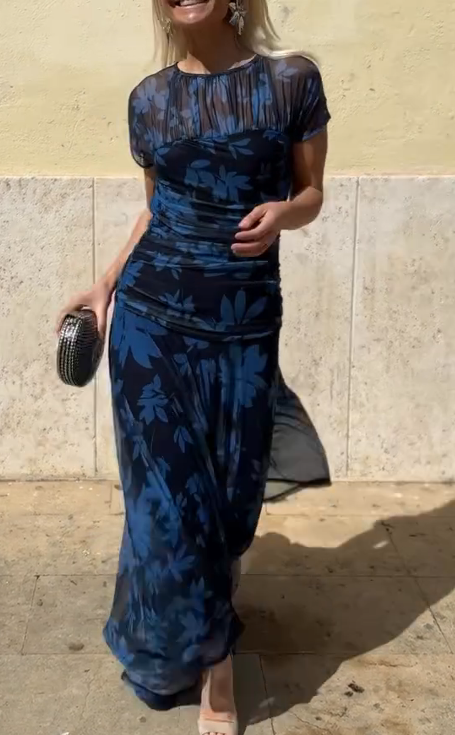 Dark blue floral print chiffon long skirt