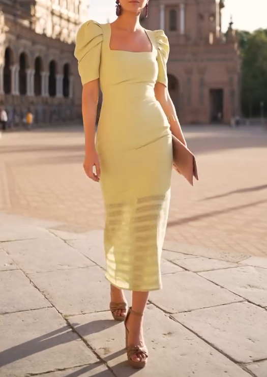 Chartreuse Tassel Puff Sleeve Dress