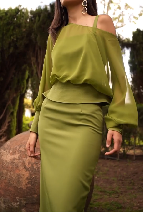Olive Green Off-The-Shoulder Hip-Wrap Skirt Set