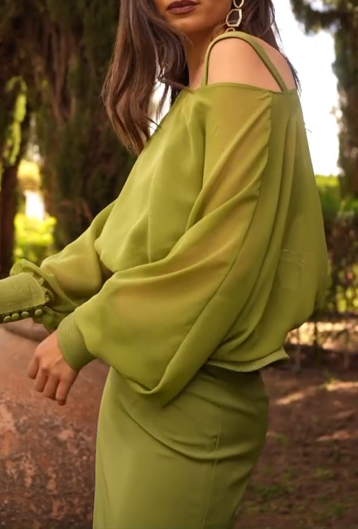 Olive Green Off-The-Shoulder Hip-Wrap Skirt Set