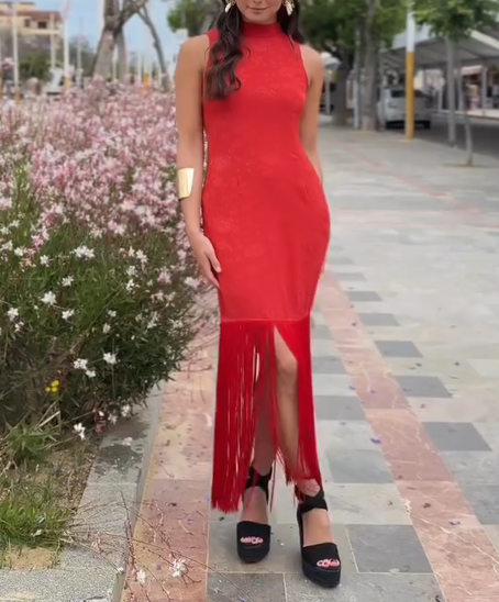 Red Tasseled Fishtail Dress