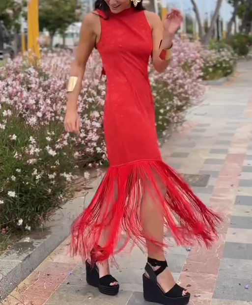 Red Tasseled Fishtail Dress