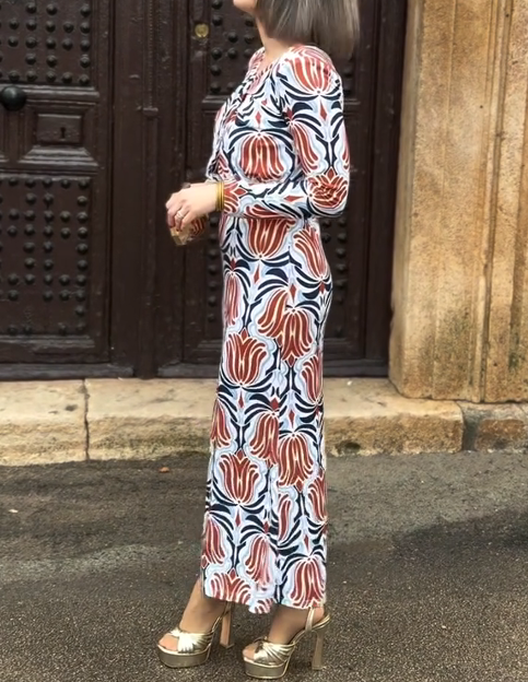 Red, Blue, and White Art Print Long-Sleeve Dress