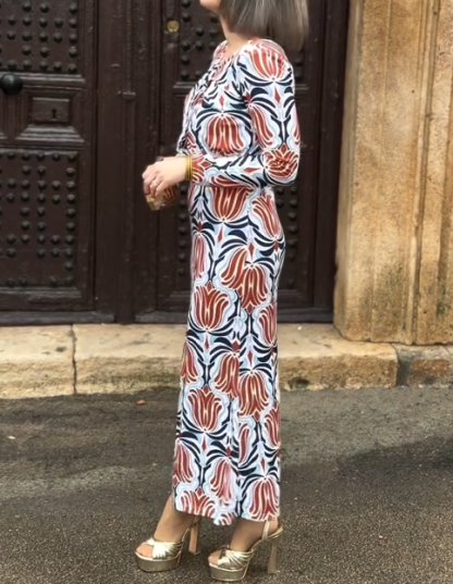 Red, Blue, and White Art Print Long-Sleeve Dress