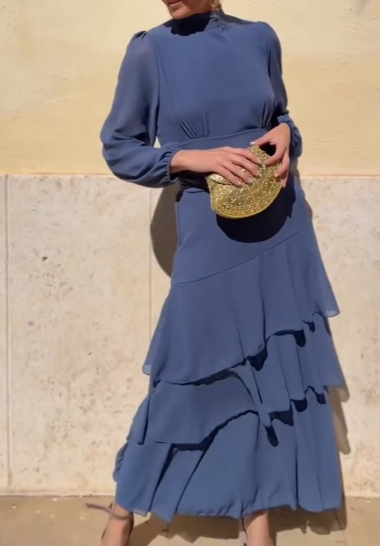 Misty Blue Chiffon Layered Maxi Dress