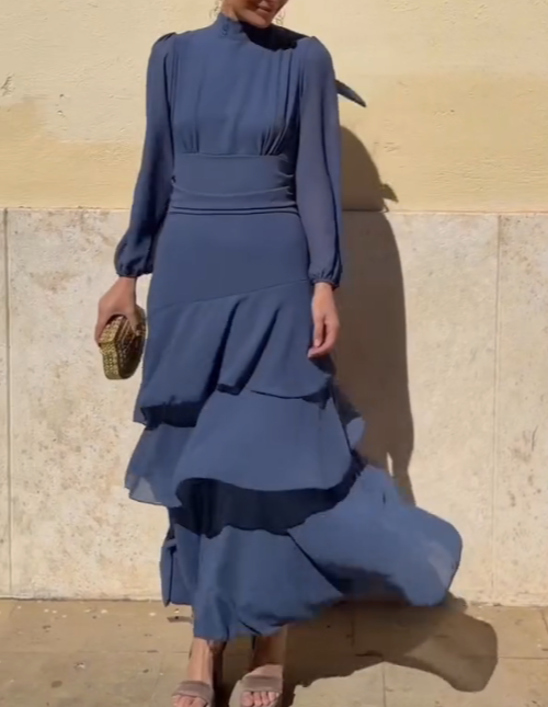 Misty Blue Chiffon Layered Maxi Dress
