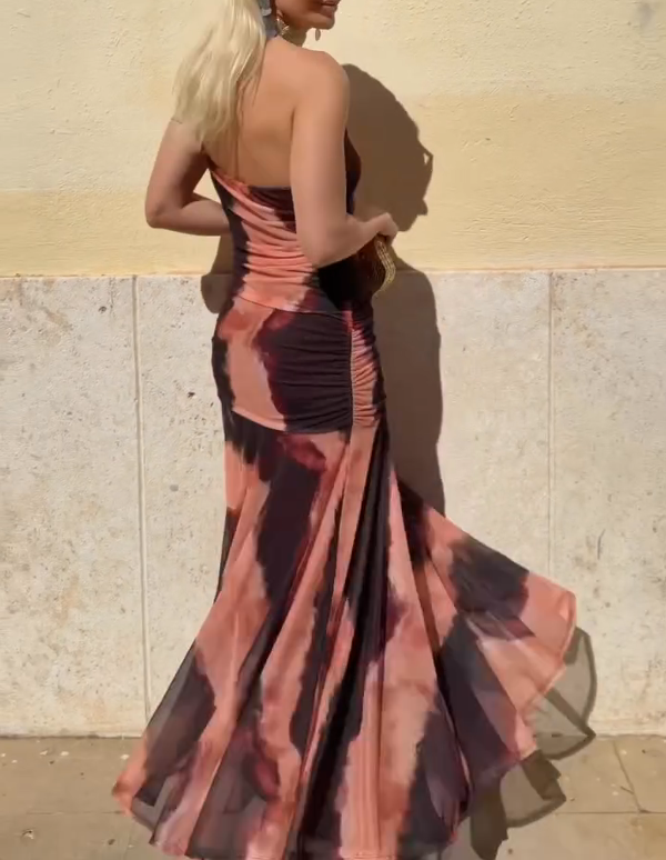 Tie-Dye One-Shoulder Fitted Waist Mermaid Maxi Dress