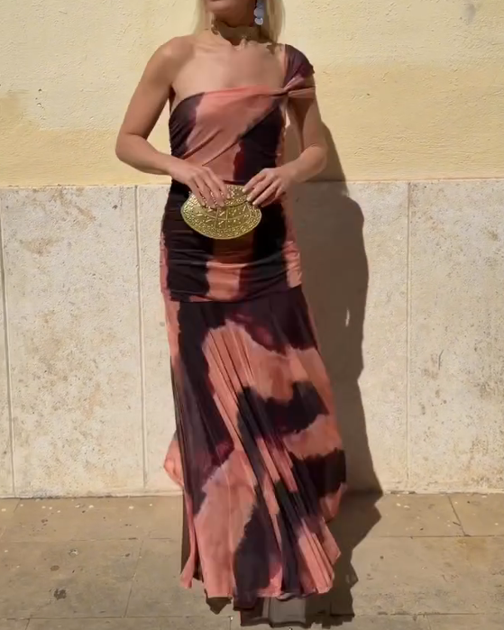 Tie-Dye One-Shoulder Fitted Waist Mermaid Maxi Dress