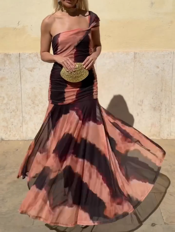 Tie-Dye One-Shoulder Fitted Waist Mermaid Maxi Dress