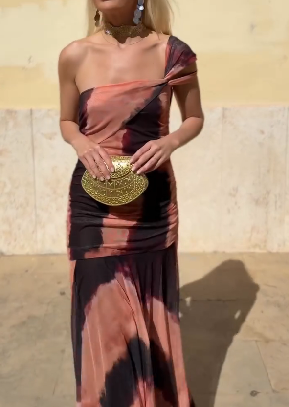 Tie-Dye One-Shoulder Fitted Waist Mermaid Maxi Dress