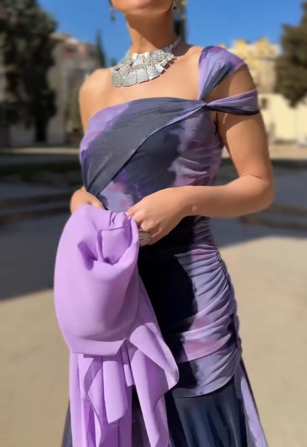 Tie-Dye One-Shoulder Fitted Waist Mermaid Maxi Dress