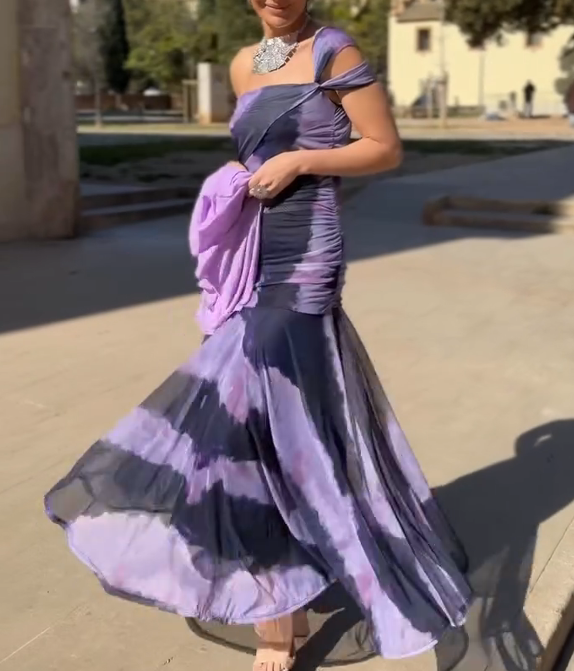 Tie-Dye One-Shoulder Fitted Waist Mermaid Maxi Dress