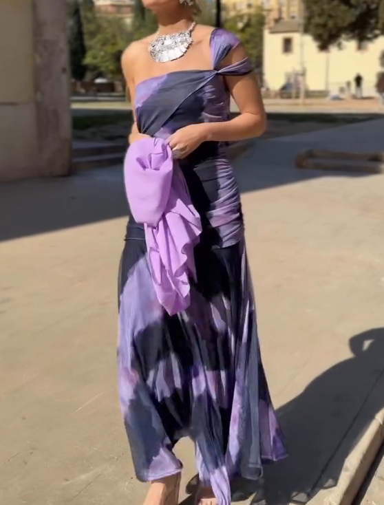 Tie-Dye One-Shoulder Fitted Waist Mermaid Maxi Dress
