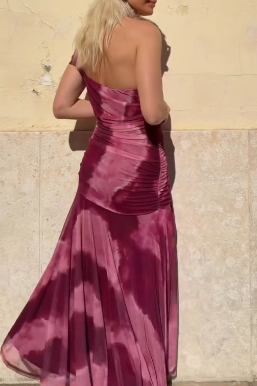 Tie-Dye One-Shoulder Fitted Waist Mermaid Maxi Dress