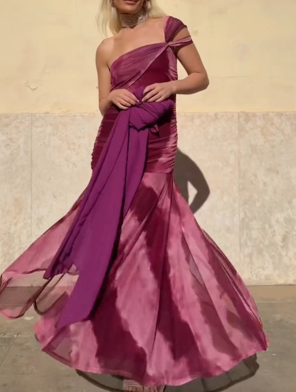 Tie-Dye One-Shoulder Fitted Waist Mermaid Maxi Dress