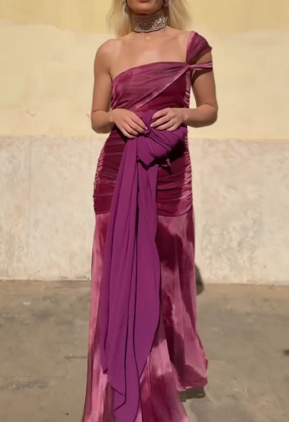 Tie-Dye One-Shoulder Fitted Waist Mermaid Maxi Dress