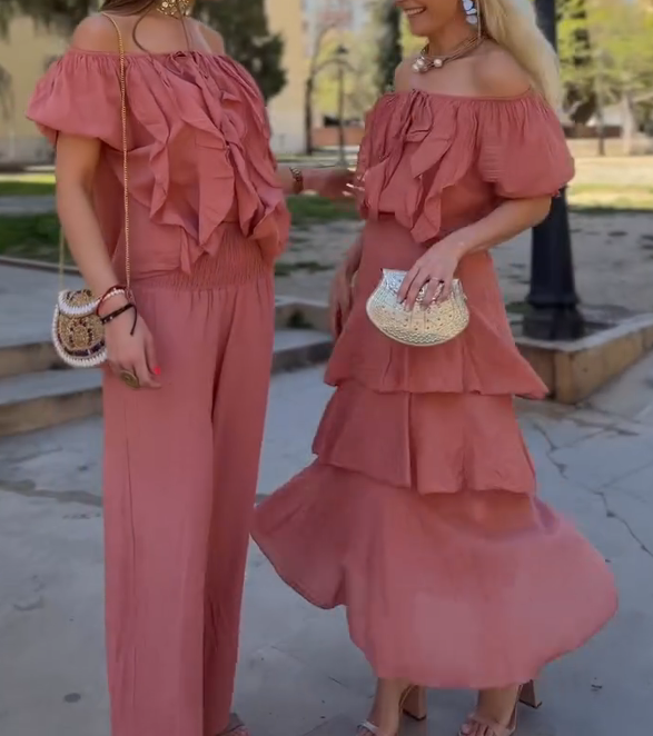 Off-the-shoulder Ruffled Vacation Set