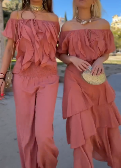 Off-the-shoulder Ruffled Vacation Set