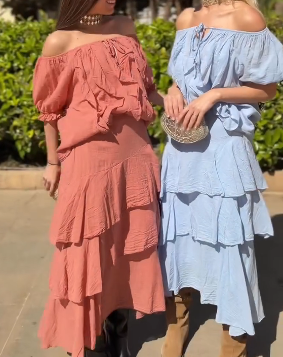 Off-the-shoulder Ruffled Vacation Set