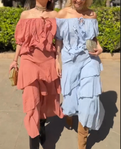 Off-the-shoulder Ruffled Vacation Set