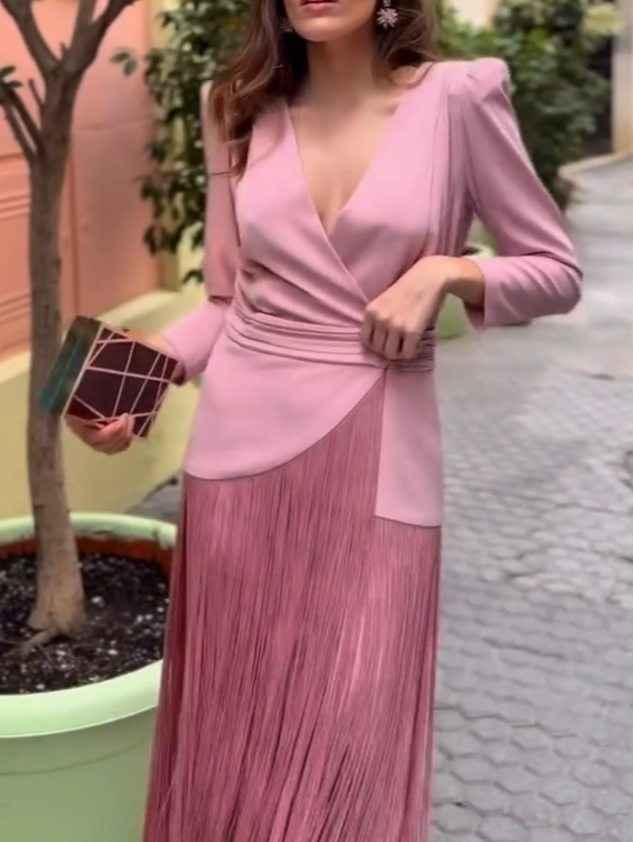Pink Satin V-Neck Tassel Dress