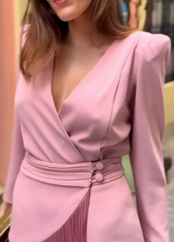 Pink Satin V-Neck Tassel Dress