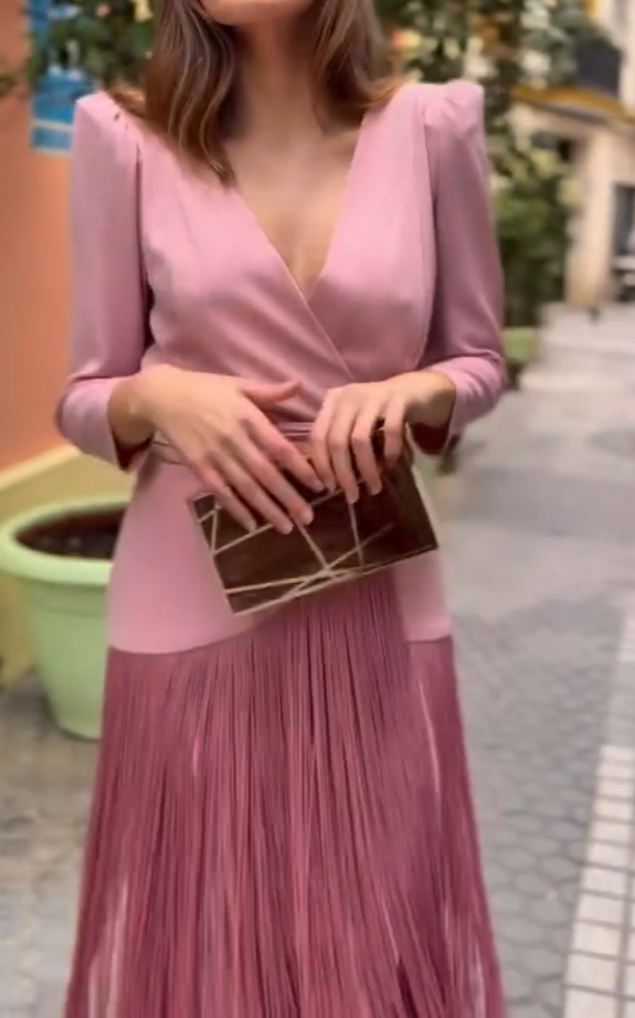 Pink Satin V-Neck Tassel Dress