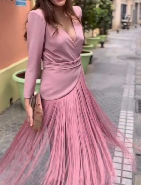 Pink Satin V-Neck Tassel Dress
